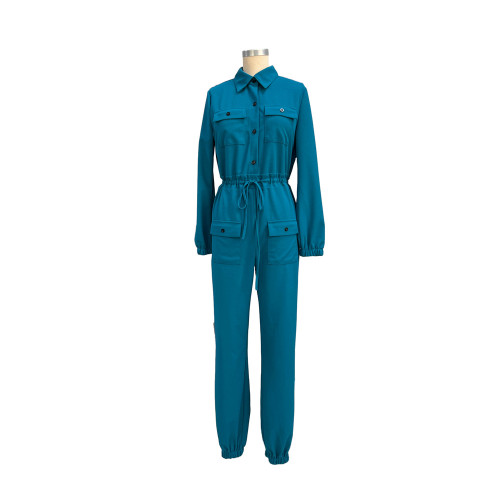 Drawstring solid color one-piece waist closing women's commuting overalls leg jumpsuit