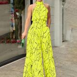 Elegant style waistband tied short sleeve neck hanging trousers printed jumpsuit