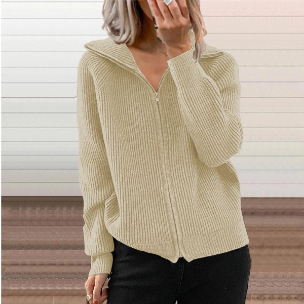 Stripe casual coat loose knit zipper cardigan long sleeve lapel sweater