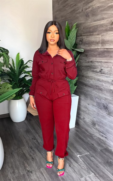 Drawstring solid color one-piece waist closing women's commuting overalls leg jumpsuit
