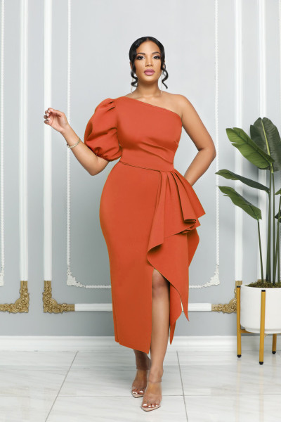 One shoulder slit dress temperament bubble sleeve fashion slim women's dress