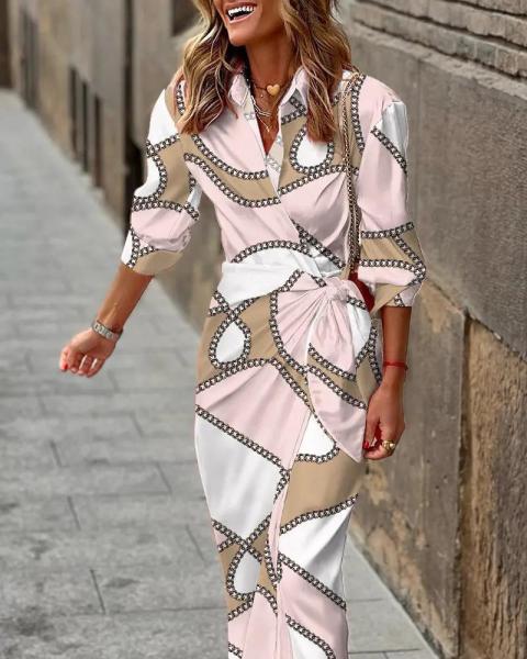 Fashion printed shirt collar lace up mid length striped dress