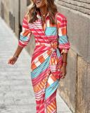 Fashion printed shirt collar lace up mid length striped dress