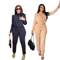 Long sleeved cardigan round neck top slim trousers business women's two-piece suit