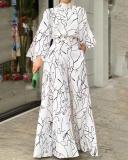 Elegant style waist tie long sleeve neck hanging trousers printed jumpsuit