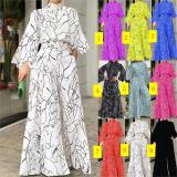 Elegant style waist tie long sleeve neck hanging trousers printed jumpsuit