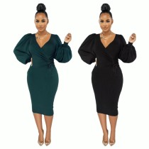Solid color medium long bubble sleeve slim women's dress