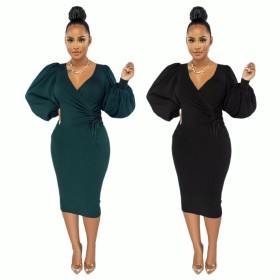 Solid color medium long bubble sleeve slim women's dress