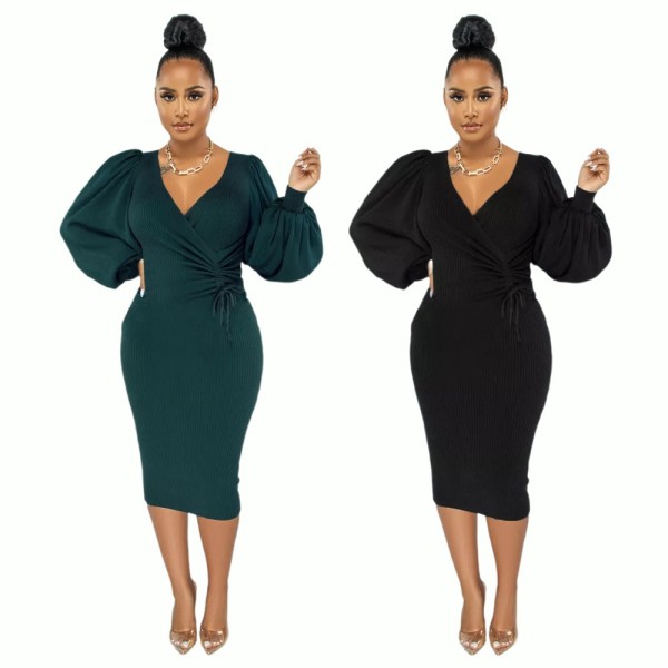 Solid color medium long bubble sleeve slim women's dress