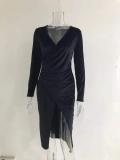 Evening Dress Sexy Open Leg Long Sleeve Mid length Dress Golden Velvet Nightclub Dress