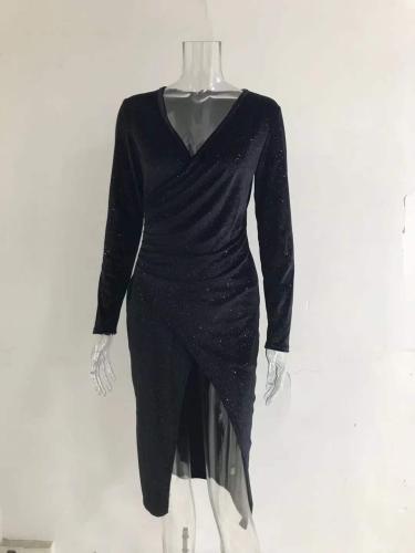 Evening Dress Sexy Open Leg Long Sleeve Mid length Dress Golden Velvet Nightclub Dress