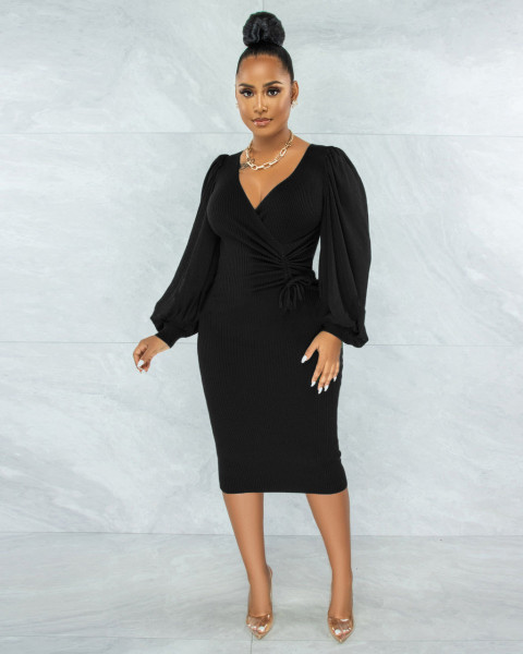Solid color medium long bubble sleeve slim women's dress