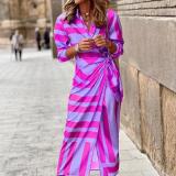 Fashion printed shirt collar lace up mid length striped dress