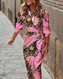 Fashion printed shirt collar lace up mid length striped dress