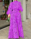 Elegant style waist tie long sleeve neck hanging trousers printed jumpsuit
