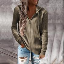 Stripe casual sweater loose knit zipper cardigan long sleeve hooded sweater