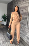 Long sleeved cardigan round neck top slim trousers business women's two-piece suit