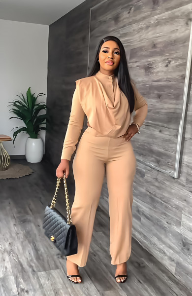 Long sleeved cardigan round neck top slim trousers business women's two-piece suit