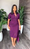 Short sleeve temperament, solid color, waist closing, slim fitting, hip bag, medium length women's dress