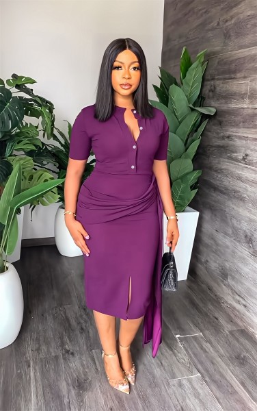 Short sleeve temperament, solid color, waist closing, slim fitting, hip bag, medium length women's dress
