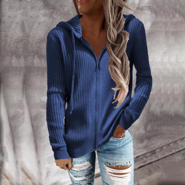 Stripe casual sweater loose knit zipper cardigan long sleeve hooded sweater