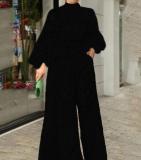 Elegant style waist tie long sleeve neck hanging trousers printed jumpsuit