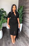 Short sleeve temperament, solid color, waist closing, slim fitting, hip bag, medium length women's dress