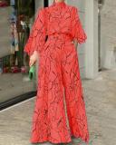 Elegant style waist tie long sleeve neck hanging trousers printed jumpsuit