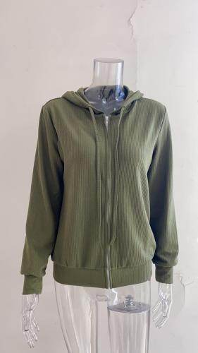 Stripe casual sweater loose knit zipper cardigan long sleeve hooded sweater