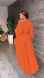 Loose irregular large hem long sleeved waist casual women's dress