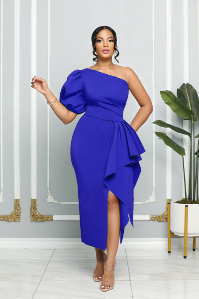 One shoulder slit dress temperament bubble sleeve fashion slim women's dress