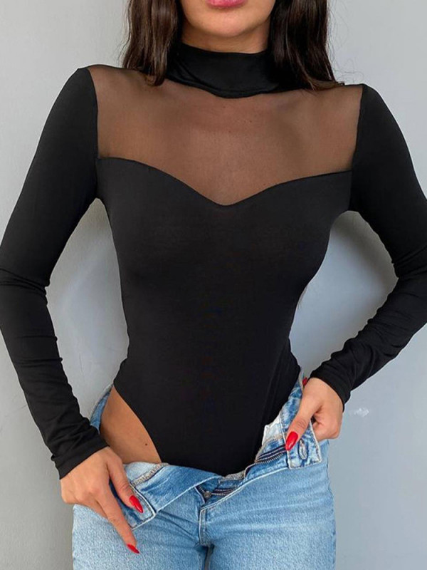 Clean color mesh splicing long sleeve versatile bottomed slim top