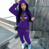 Fashion plush printed sweater hoodie casual sports women's two-piece suit