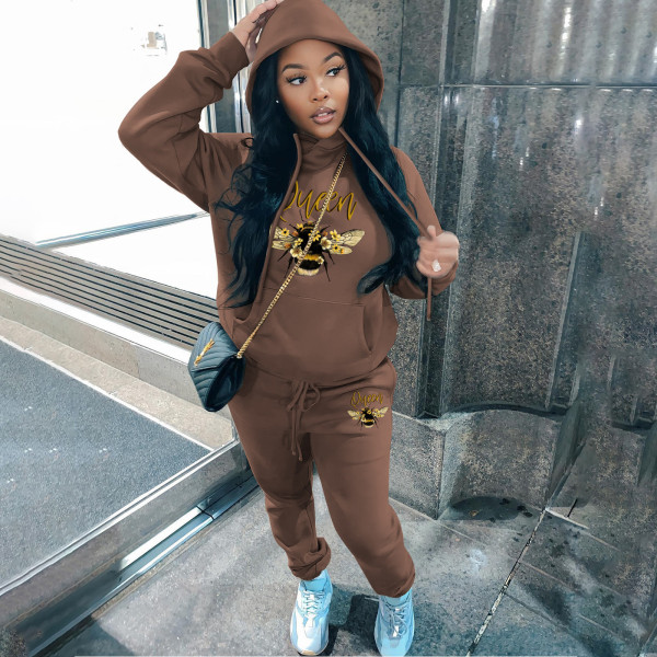 Fashion plush printed sweater hoodie casual sports women's two-piece suit