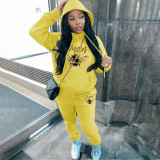 Fashion plush printed sweater hoodie casual sports women's two-piece suit