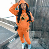 Fashion plush printed sweater hoodie casual sports women's two-piece suit