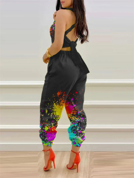 Fashion strap positioning printed jumpsuit