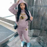 Fashion plush printed sweater hoodie casual sports women's two-piece suit