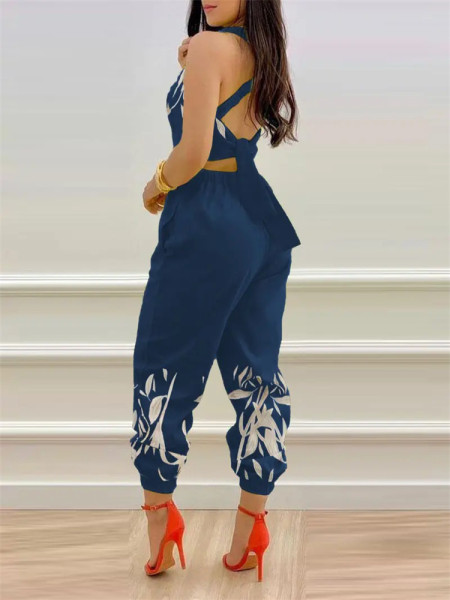 Fashion strap positioning printed jumpsuit