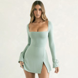 Square Neck Long Sleeve Slim Wrapped Hip Split French Dress