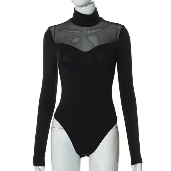 Clean color mesh splicing long sleeve versatile bottomed slim top
