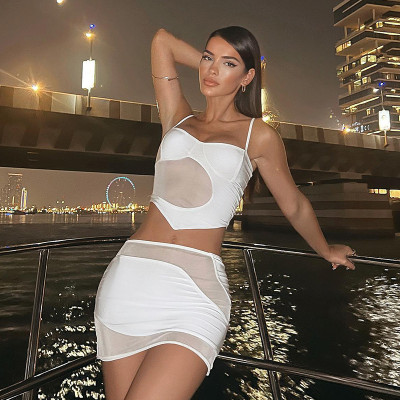Sling Sleeveless Mesh Splice Tank Top Hip Wrap Half Skirt Set
