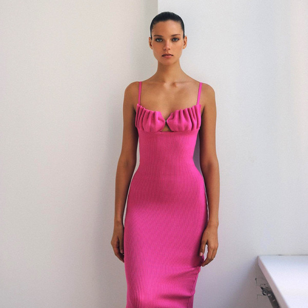 Clean color suspender chest wrapped sleeveless slim temperament backless dress