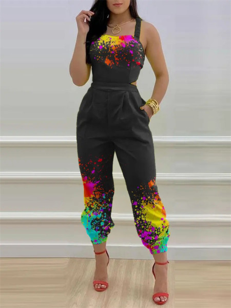 Fashion strap positioning printed jumpsuit