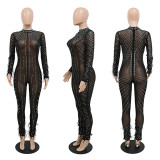Women's hot drill perspective fashionable sexy nightclub slim fitting jumpsuit