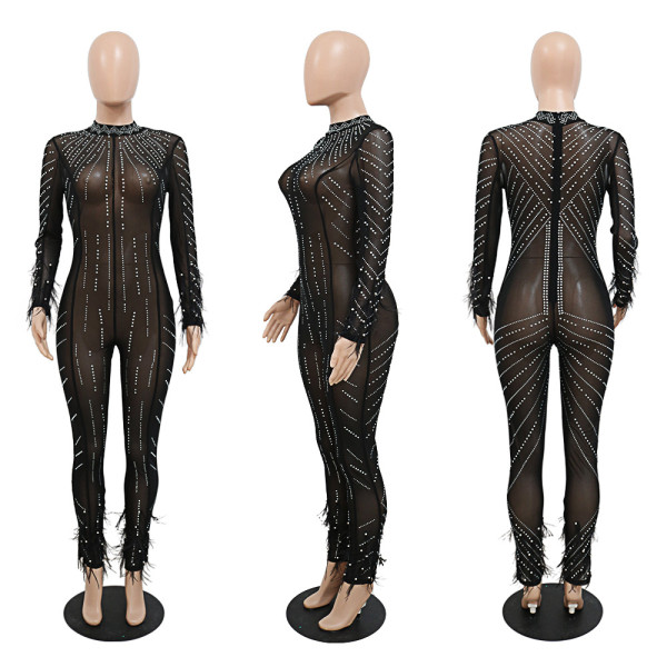 Women's hot drill perspective fashionable sexy nightclub slim fitting jumpsuit