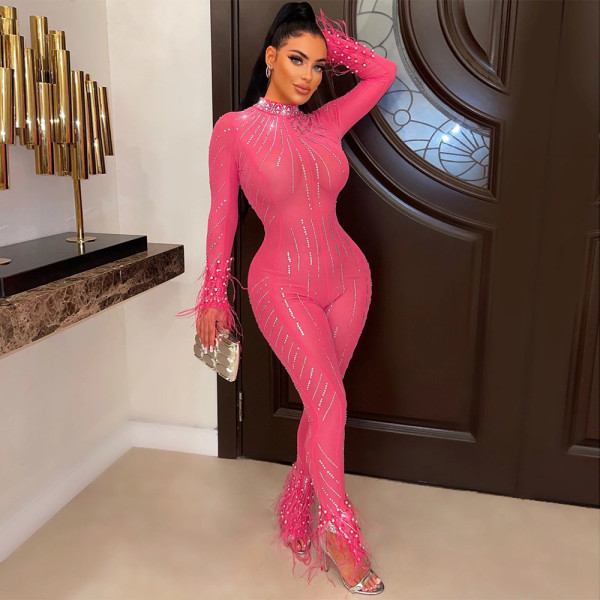 Women's hot drill perspective fashionable sexy nightclub slim fitting jumpsuit
