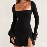 Square Neck Long Sleeve Slim Wrapped Hip Split French Dress