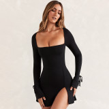 Square Neck Long Sleeve Slim Wrapped Hip Split French Dress