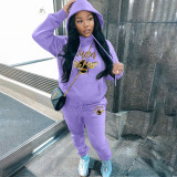 Fashion plush printed sweater hoodie casual sports women's two-piece suit